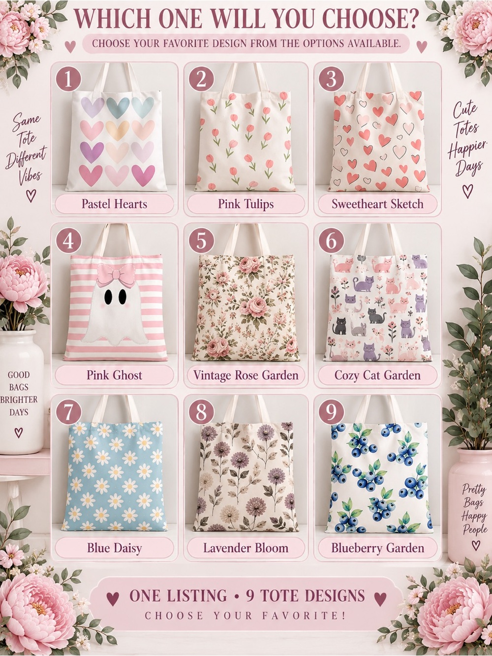 Canvas Tote Bag Cute Reusable Shopping Bag Floral Heart Cat Daisy- Choose 1 - Picture 6 of 6